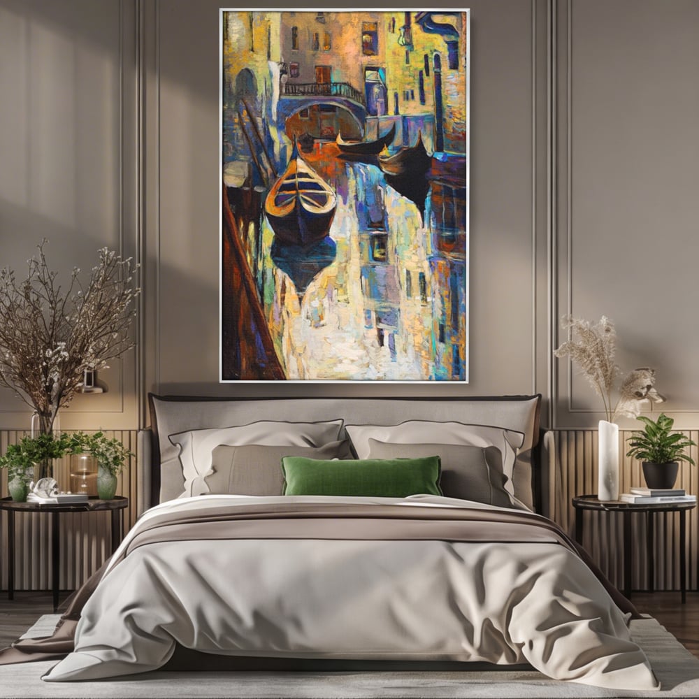 Tablou canvas cu pictura canvas cu gondole in venetia, in rama de aluminiu argintiu, pe perete intr-un dormitor